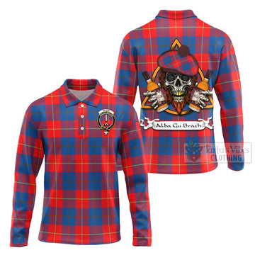 Blane Tartan Long Sleeve Polo Shirt with Family Crest and Bearded Skull Holding Bottles of Whiskey Unisex - Tartan Vibes Clothing