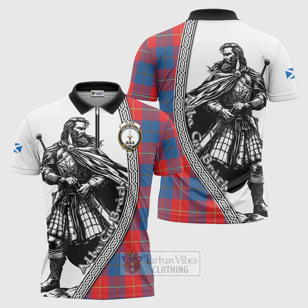 Blane Tartan Clan Crest Zipper Polo Shirt with Highlander Warrior Celtic Style Unisex - Tartan Vibes Clothing