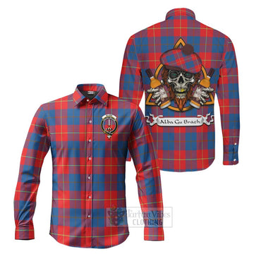 Blane Tartan Long Sleeve Button Shirt with Family Crest and Bearded Skull Holding Bottles of Whiskey Men's Shirt S - Tartan Vibes Clothing