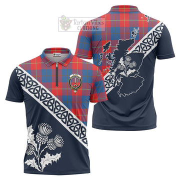 Blane Tartan Zipper Polo Shirt Featuring Thistle and Scotland Map Unisex - Tartanvibesclothing Store