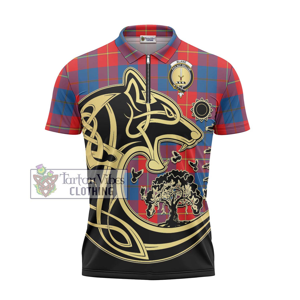 Blane Tartan Zipper Polo Shirt with Family Crest Celtic Wolf Style - Tartan Vibes Clothing