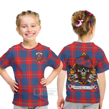Blane Tartan Kid T-Shirt with Family Crest and Bearded Skull Holding Bottles of Whiskey - Tartan Vibes Clothing