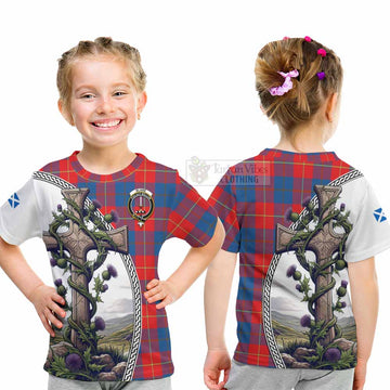 Blane Tartan Kid T-Shirt with Family Crest and St. Andrew's Cross Accented by Thistle Vines - Tartan Vibes Clothing