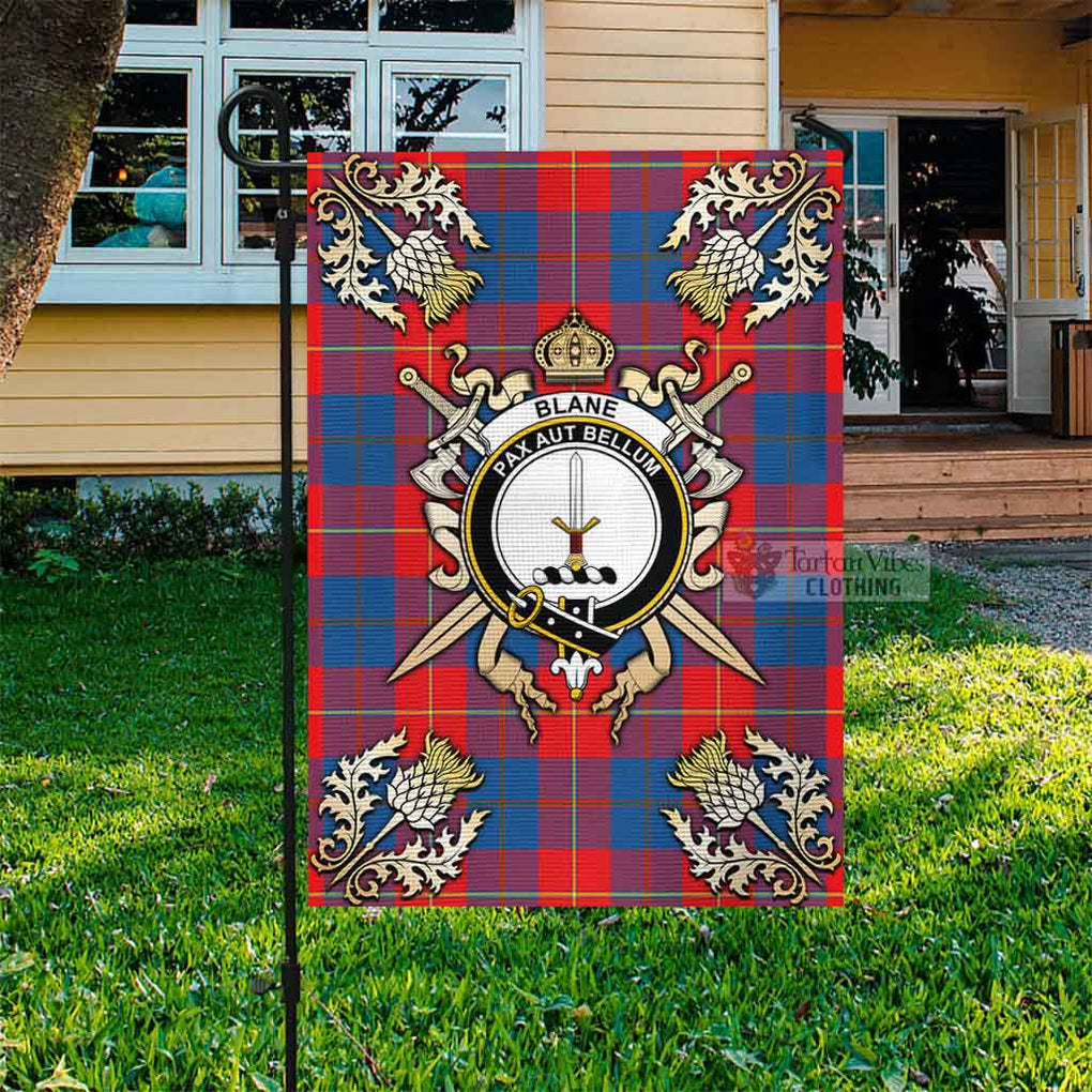 Tartan Vibes Clothing Blane Tartan Flag with Family Crest and Golden Thistle Crossed Sword Design