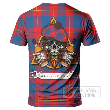 Blane Tartan T-Shirt with Family Crest and Bearded Skull Holding Bottles of Whiskey - Tartan Vibes Clothing