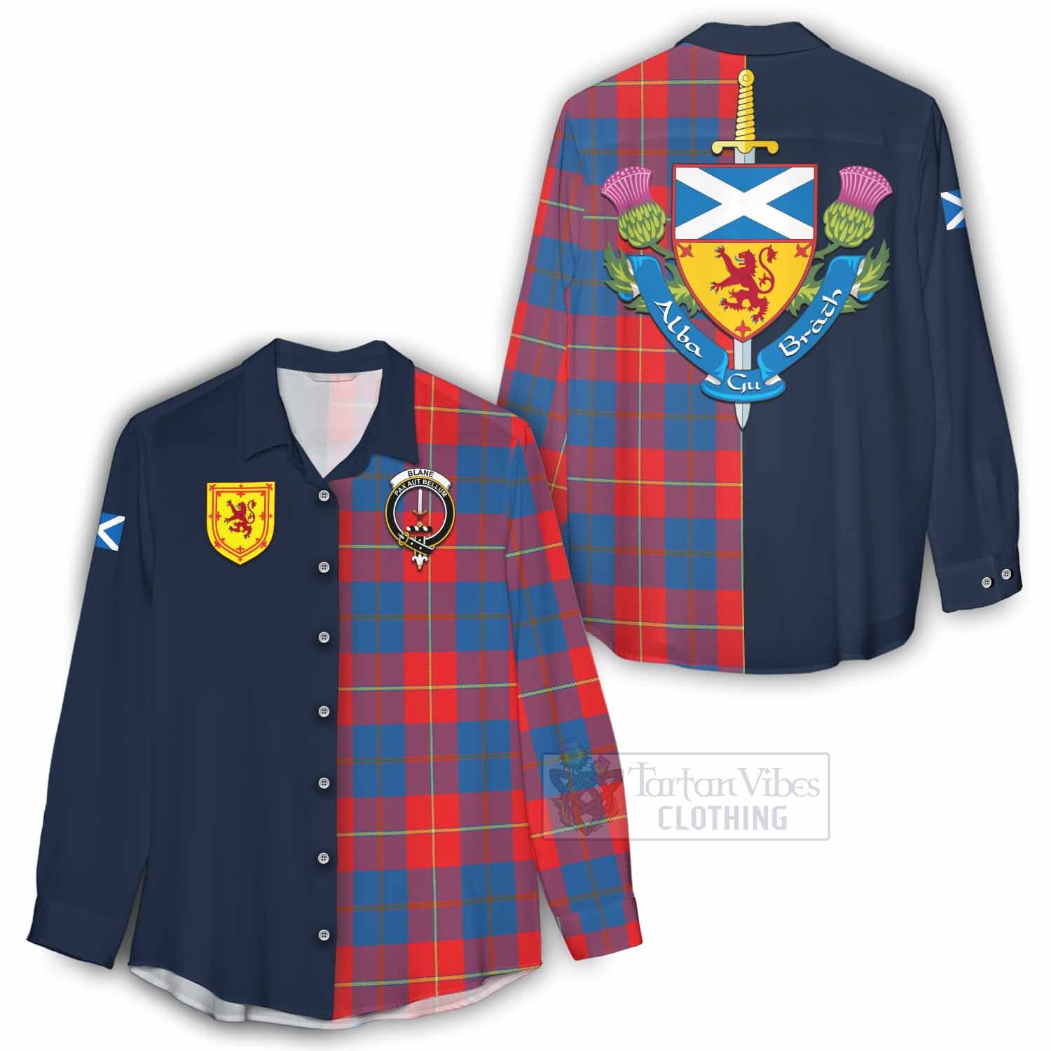 Blane Tartan Women's Casual Shirt Alba with Scottish Lion Royal Arm Half Style - Tartan Vibes Clothing
