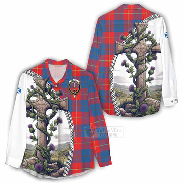 Blane Tartan Women's Casual Shirt with Family Crest and St. Andrew's Cross Accented by Thistle Vines - Tartan Vibes Clothing