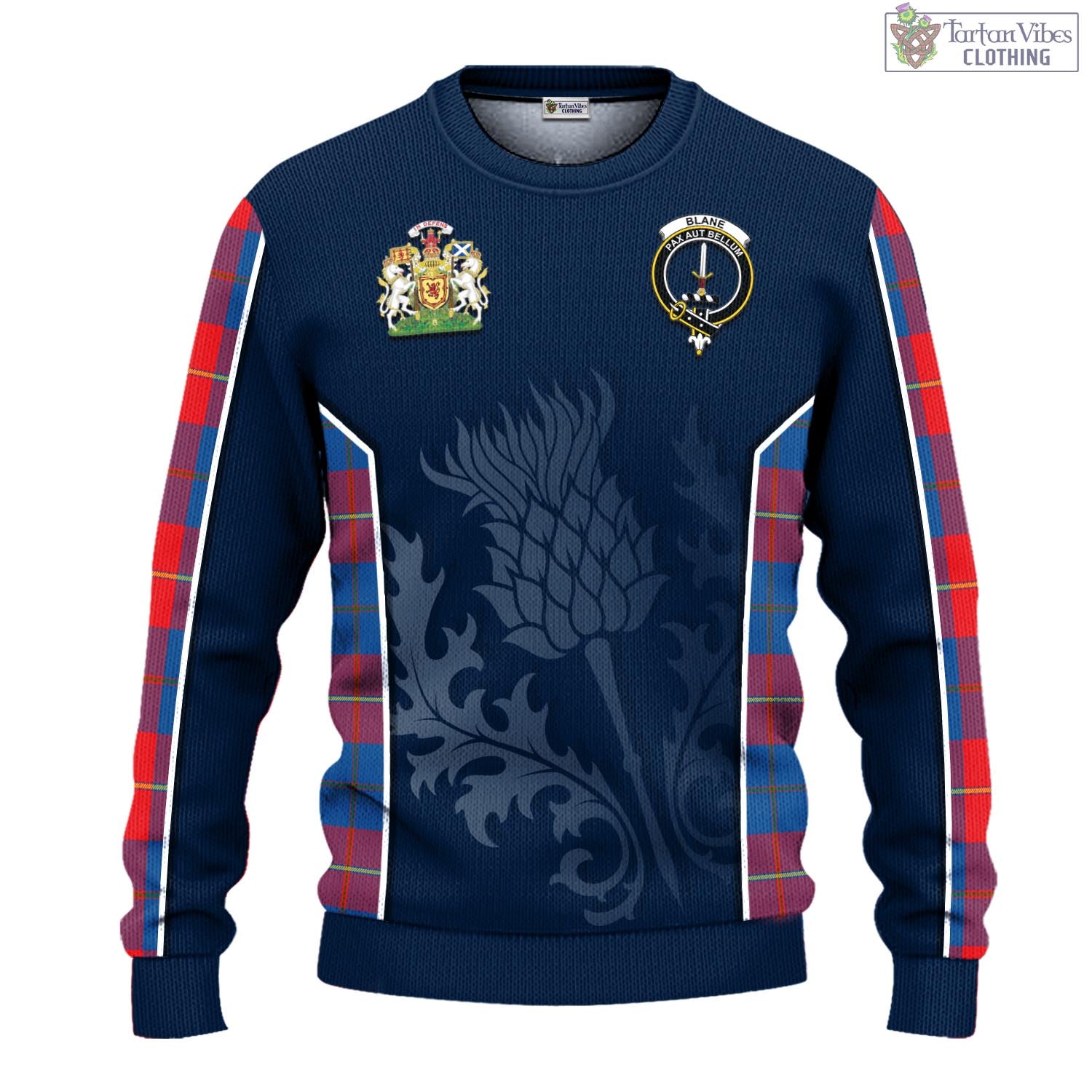 Tartan Vibes Clothing Blane Tartan Knitted Sweatshirt with Family Crest and Scottish Thistle Vibes Sport Style