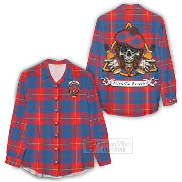Blane Tartan Women's Casual Shirt with Family Crest and Bearded Skull Holding Bottles of Whiskey - Tartan Vibes Clothing