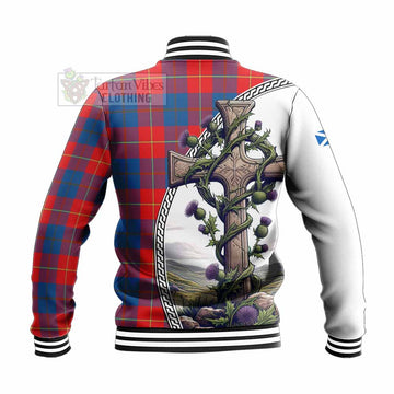 Blane Tartan Baseball Jacket with Family Crest and St. Andrew's Cross Accented by Thistle Vines - Tartan Vibes Clothing