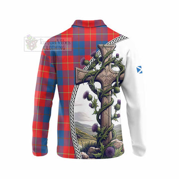 Blane Tartan Long Sleeve Polo Shirt with Family Crest and St. Andrew's Cross Accented by Thistle Vines - Tartan Vibes Clothing
