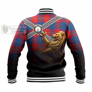 Tartan Vibes Clothing Blane Crest Tartan Baseball Jacket with Golden Lion Emblem Celtic Style