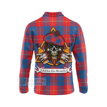 Blane Tartan Long Sleeve Polo Shirt with Family Crest and Bearded Skull Holding Bottles of Whiskey - Tartan Vibes Clothing