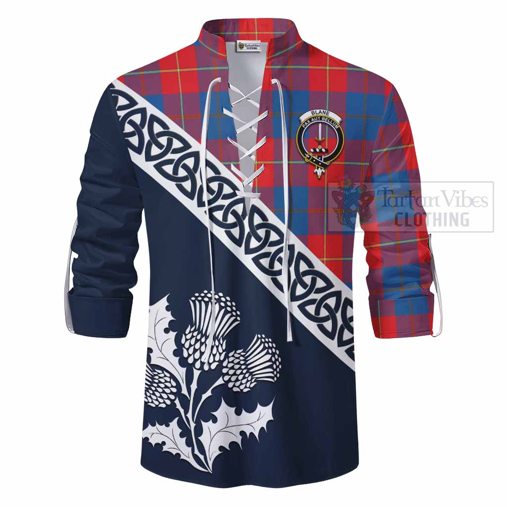 Blane Tartan Ghillie Kilt Shirt Featuring Thistle and Scotland Map - Tartan Vibes Clothing