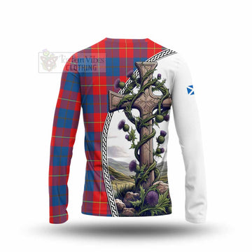 Blane Tartan Long Sleeve T-Shirt with Family Crest and St. Andrew's Cross Accented by Thistle Vines - Tartan Vibes Clothing