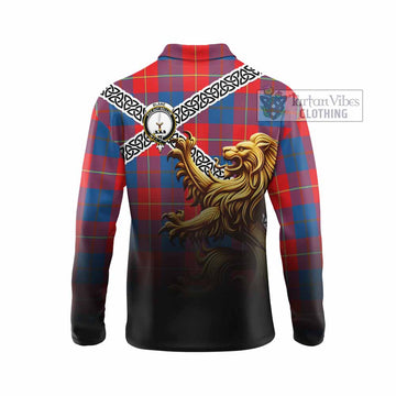Blane Crest Tartan Long Sleeve Polo Shirt with Golden Lion Emblem Celtic Style - Tartan Vibes Clothing