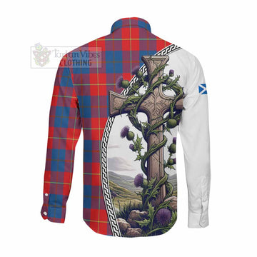 Blane Tartan Long Sleeve Button Shirt with Family Crest and St. Andrew's Cross Accented by Thistle Vines Men's Shirt - Tartan Vibes Clothing