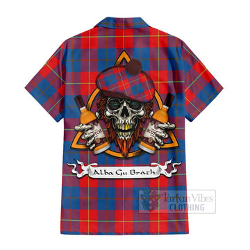 Blane Tartan Hawaiian Shirt with Family Crest and Bearded Skull Holding Bottles of Whiskey - Tartan Vibes Clothing