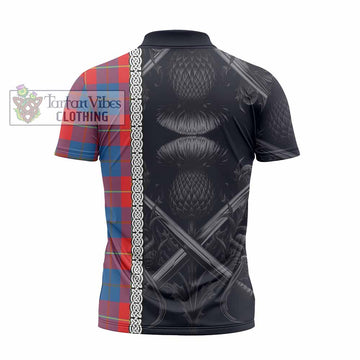 Blane Tartan Zipper Polo Shirt with Family Crest Cross Sword Thistle Celtic Vibes - Tartan Vibes Clothing