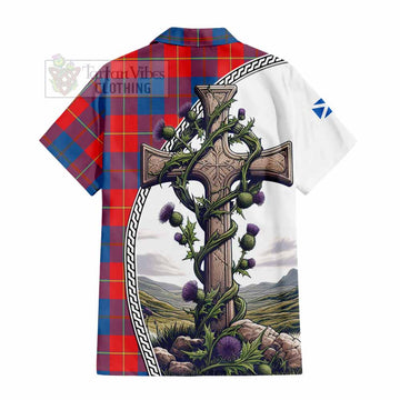 Blane Tartan Hawaiian Shirt with Family Crest and St. Andrew's Cross Accented by Thistle Vines - Tartan Vibes Clothing