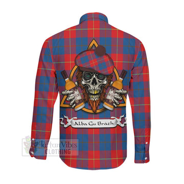 Blane Tartan Long Sleeve Button Shirt with Family Crest and Bearded Skull Holding Bottles of Whiskey Men's Shirt - Tartan Vibes Clothing