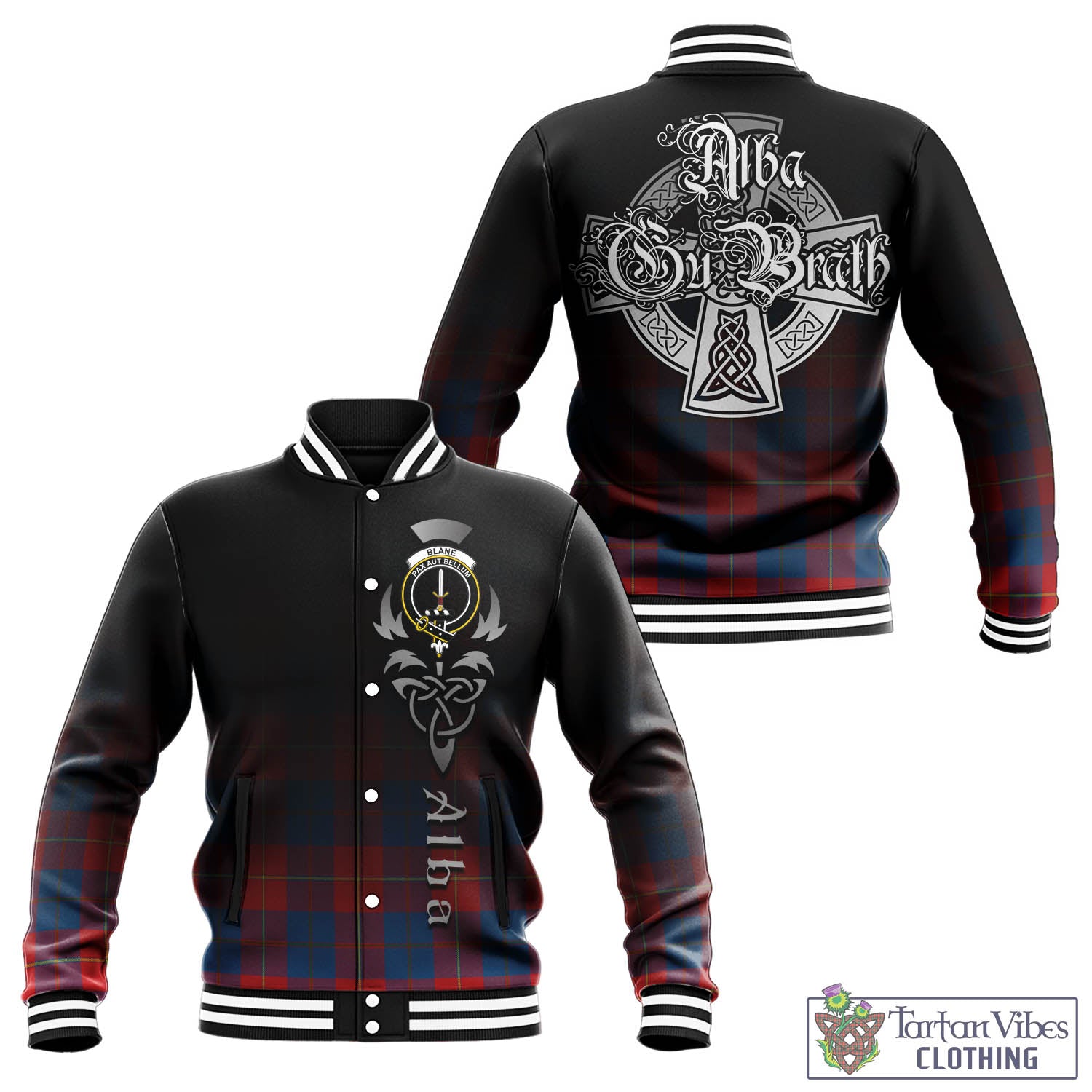 Tartan Vibes Clothing Blane Tartan Baseball Jacket Featuring Alba Gu Brath Family Crest Celtic Inspired