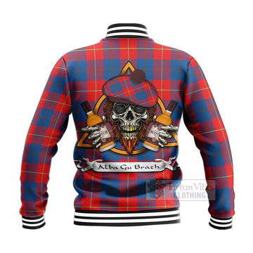 Blane Tartan Baseball Jacket with Family Crest and Bearded Skull Holding Bottles of Whiskey - Tartan Vibes Clothing