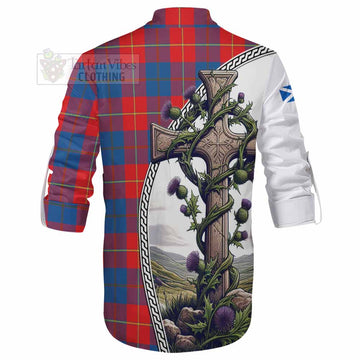 Blane Tartan Ghillie Kilt Shirt with Family Crest and St. Andrew's Cross Accented by Thistle Vines - Tartan Vibes Clothing