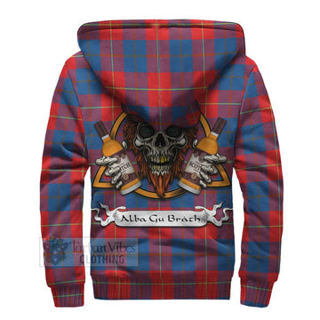 Blane Tartan Sherpa Hoodie with Family Crest and Bearded Skull Holding Bottles of Whiskey - Tartan Vibes Clothing