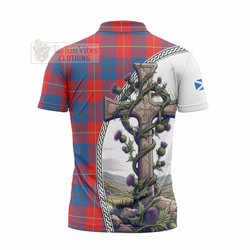 Blane Tartan Zipper Polo Shirt with Family Crest and St. Andrew's Cross Accented by Thistle Vines - Tartan Vibes Clothing