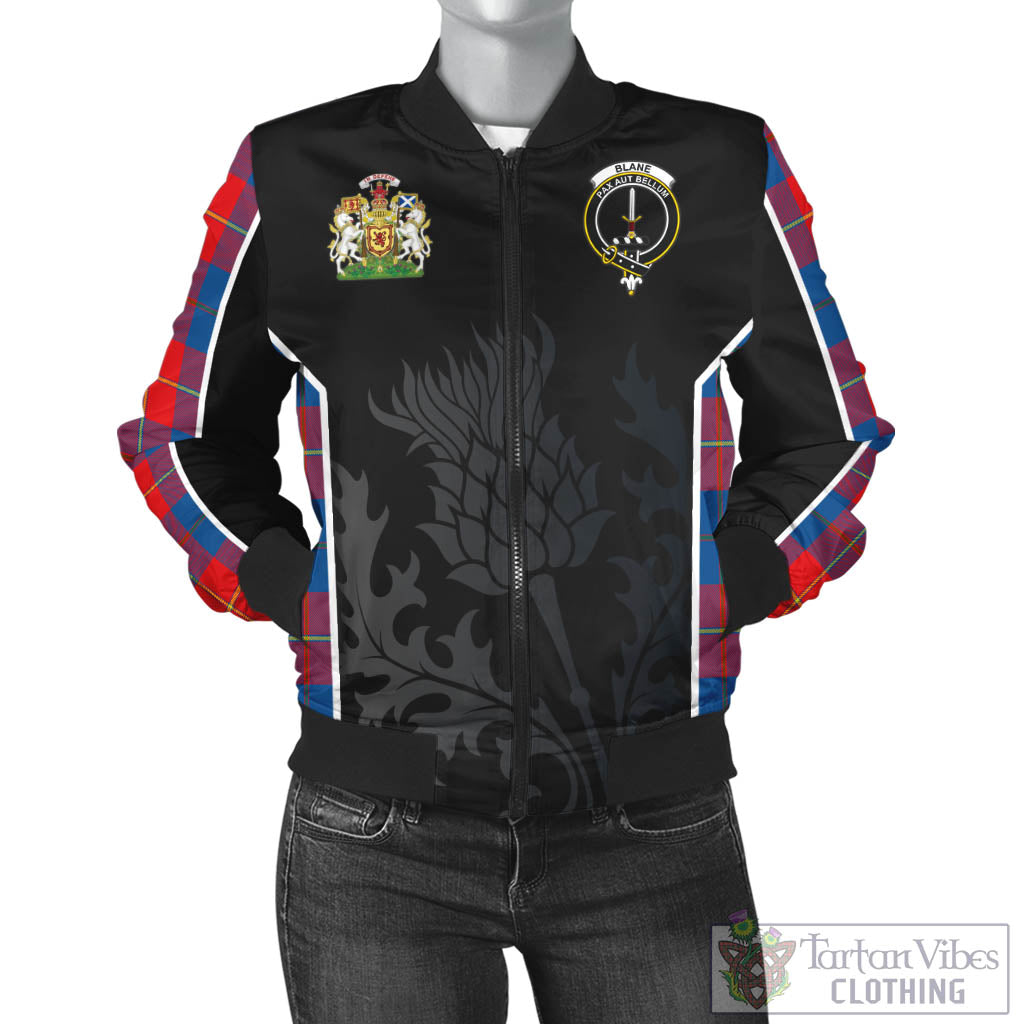 Blane Tartan Bomber Jacket with Family Crest and Scottish Thistle Vibes Sport Style - Tartan Vibes Clothing