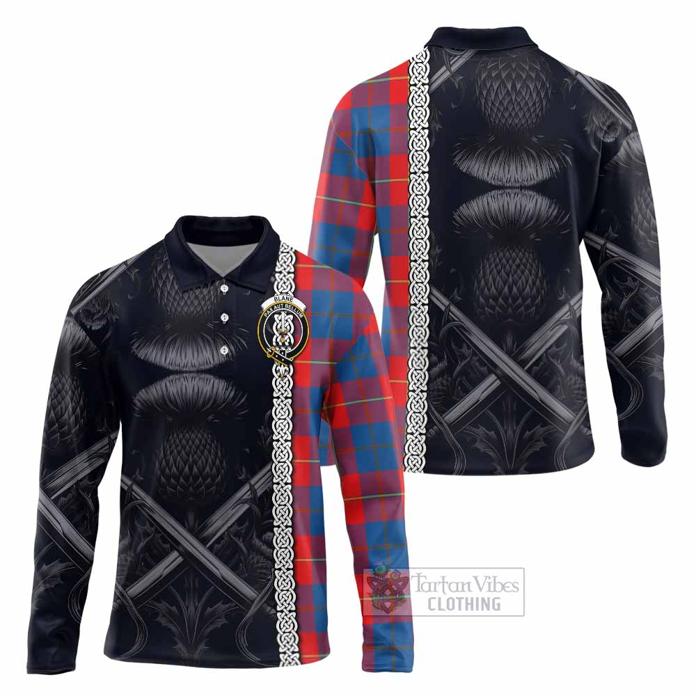 Blane Tartan Long Sleeve Polo Shirt with Family Crest Cross Sword Thistle Celtic Vibes - Tartan Vibes Clothing