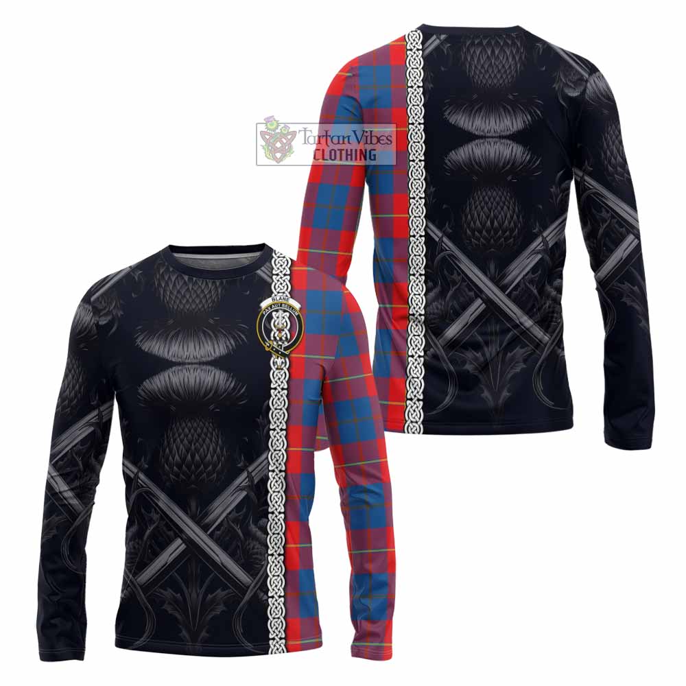Blane Tartan Long Sleeve T-Shirt with Family Crest Cross Sword Thistle Celtic Vibes - Tartan Vibes Clothing
