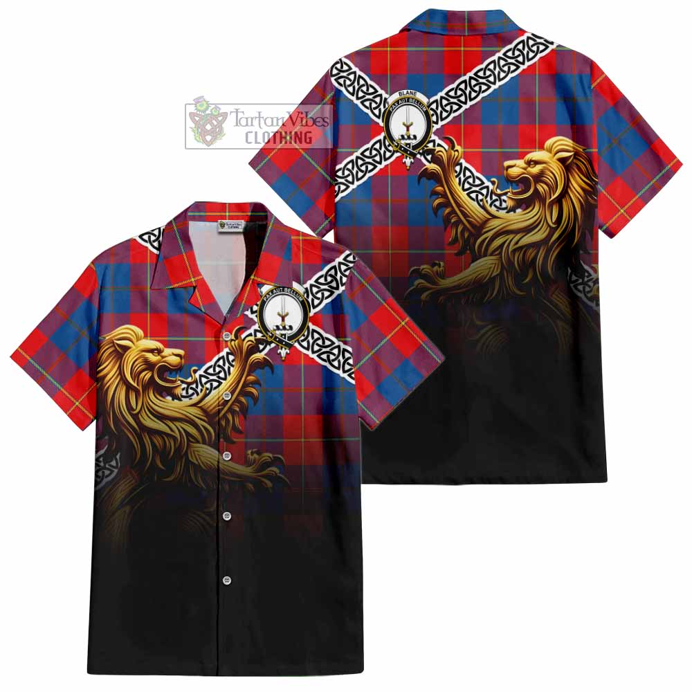 Blane Crest Tartan Hawaiian Shirt with Golden Lion Emblem Celtic Style - Tartan Vibes Clothing