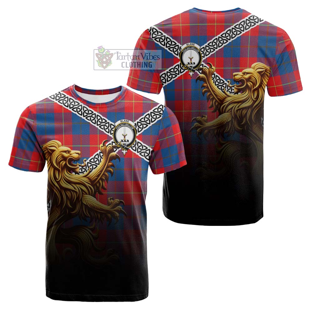 Tartan Vibes Clothing Blane Crest Tartan Cotton T-shirt with Golden Lion Emblem Celtic Style