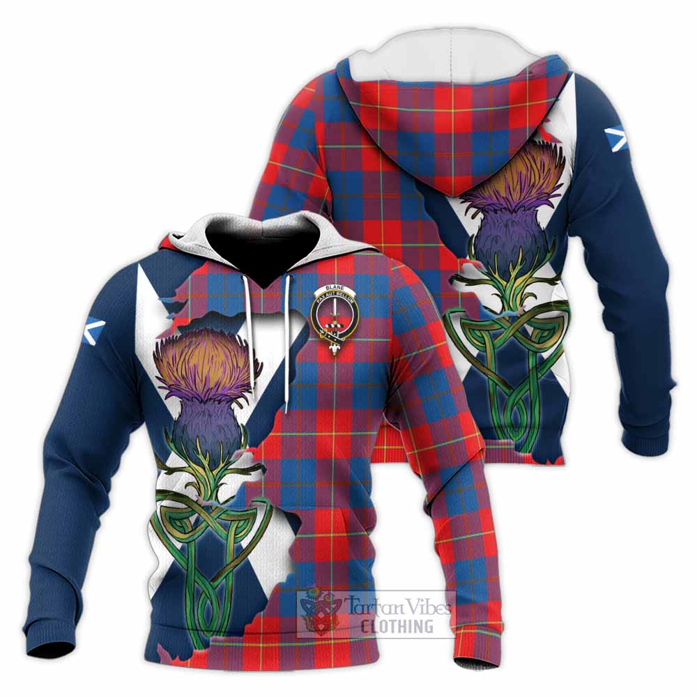 Tartan Vibes Clothing Blane Tartan Family Crest Knitted Hoodie Scottish Thistle Celtic Inspired