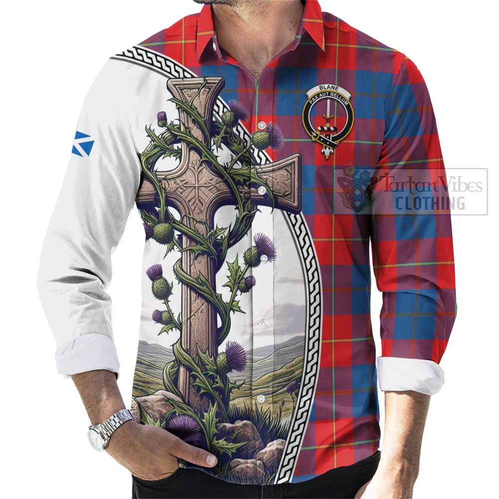 Blane Tartan Long Sleeve Button Shirt with Family Crest and St. Andrew's Cross Accented by Thistle Vines - Tartan Vibes Clothing