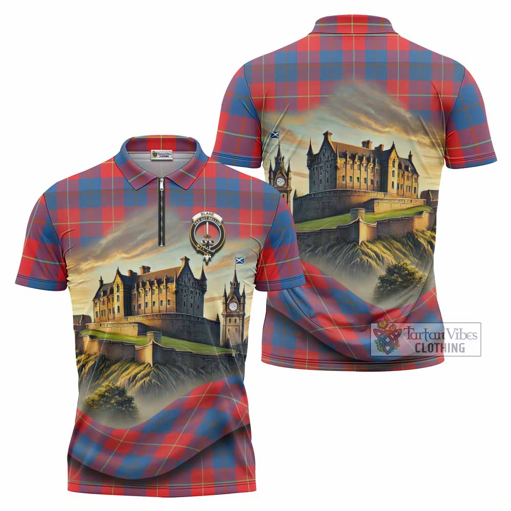 Blane Tartan Family Crest Zipper Polo Shirt with Scottish Ancient Castle Style - Tartan Vibes Clothing
