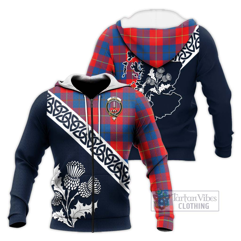 Blane Tartan Knitted Hoodie Featuring Thistle and Scotland Map Unisex Knitted Zip Hoodie - Tartan Vibes Clothing