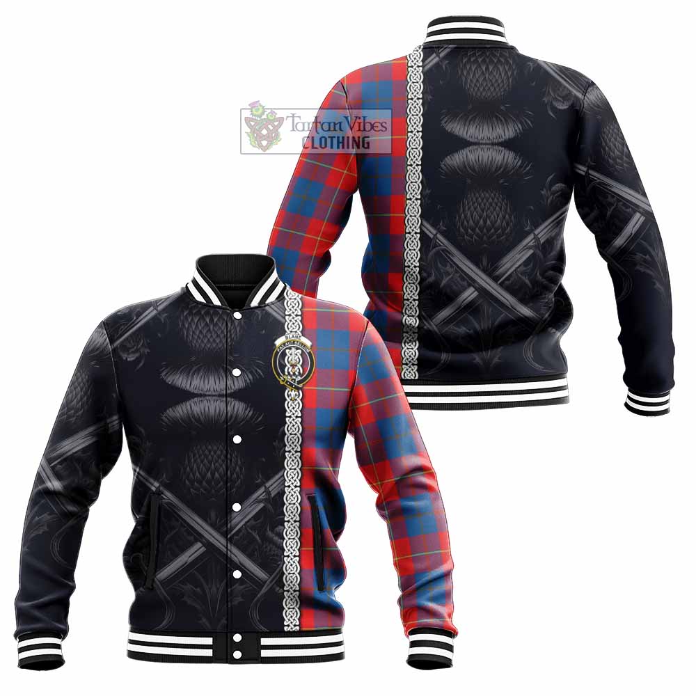 Blane Tartan Baseball Jacket with Family Crest Cross Sword Thistle Celtic Vibes - Tartan Vibes Clothing