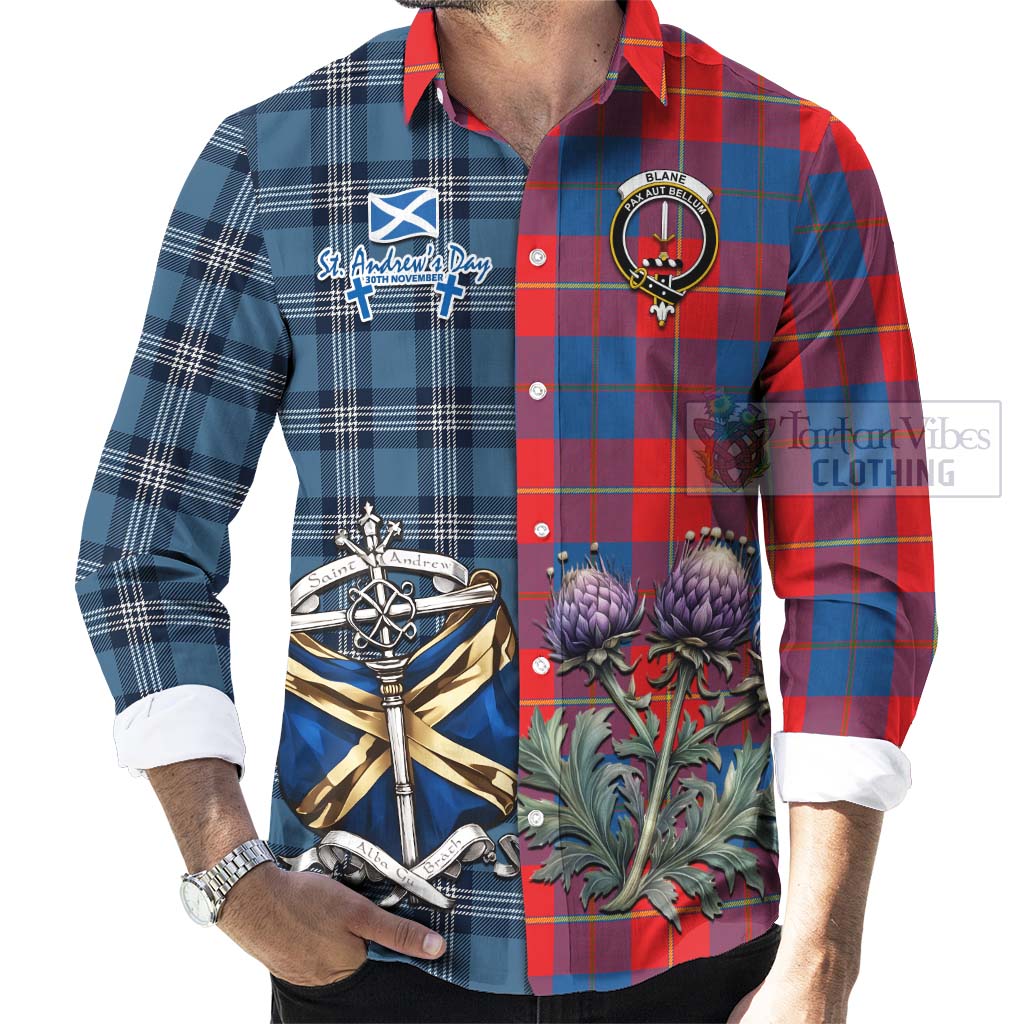 Blane Tartan Long Sleeve Button Shirt Happy St. Andrew's Day Half Tartan Style - Tartan Vibes Clothing