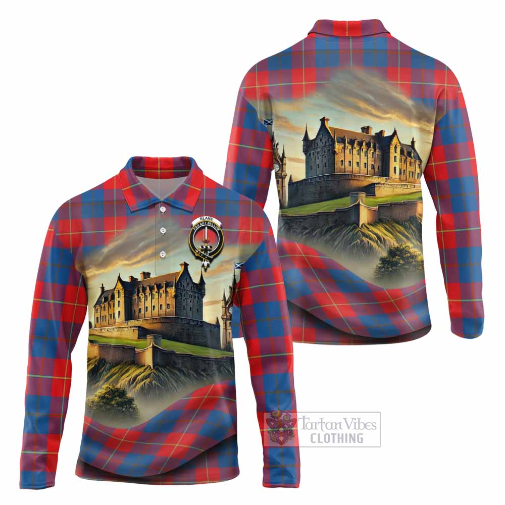 Blane Tartan Family Crest Long Sleeve Polo Shirt with Scottish Ancient Castle Style - Tartan Vibes Clothing