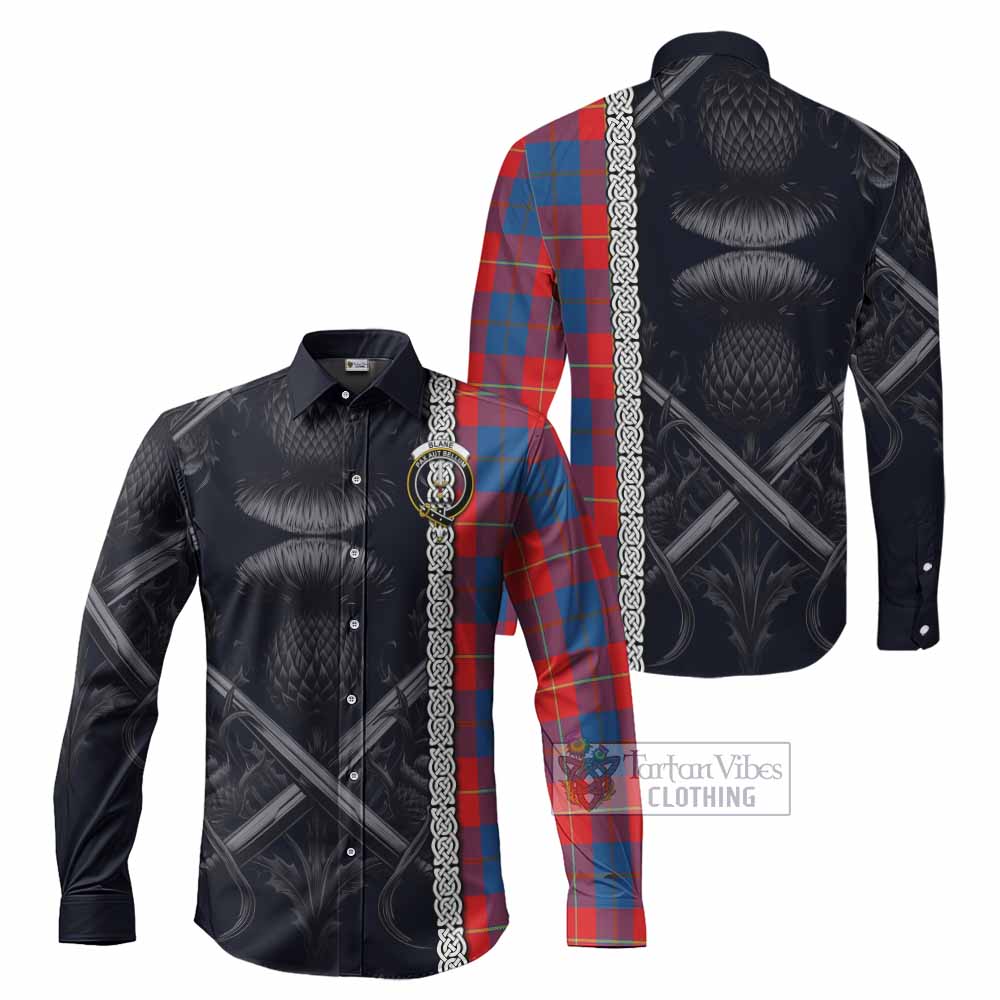 Tartan Vibes Clothing Blane Tartan Long Sleeve Button Shirt with Family Crest Cross Sword Thistle Celtic Vibes