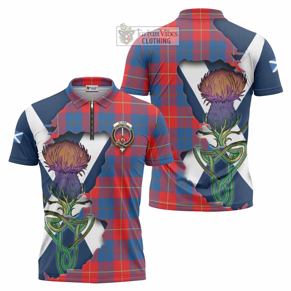 Tartan Vibes Clothing Blane Tartan Family Crest Zipper Polo Shirt Scottish Thistle Celtic Inspired