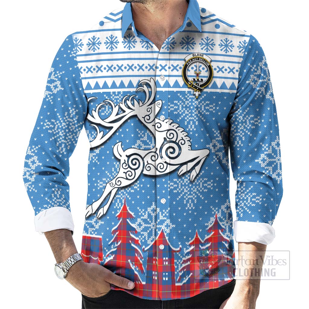 Blane Clan Christmas Long Sleeve Button Shirt Celtic Reindeer Style - Tartan Vibes Clothing