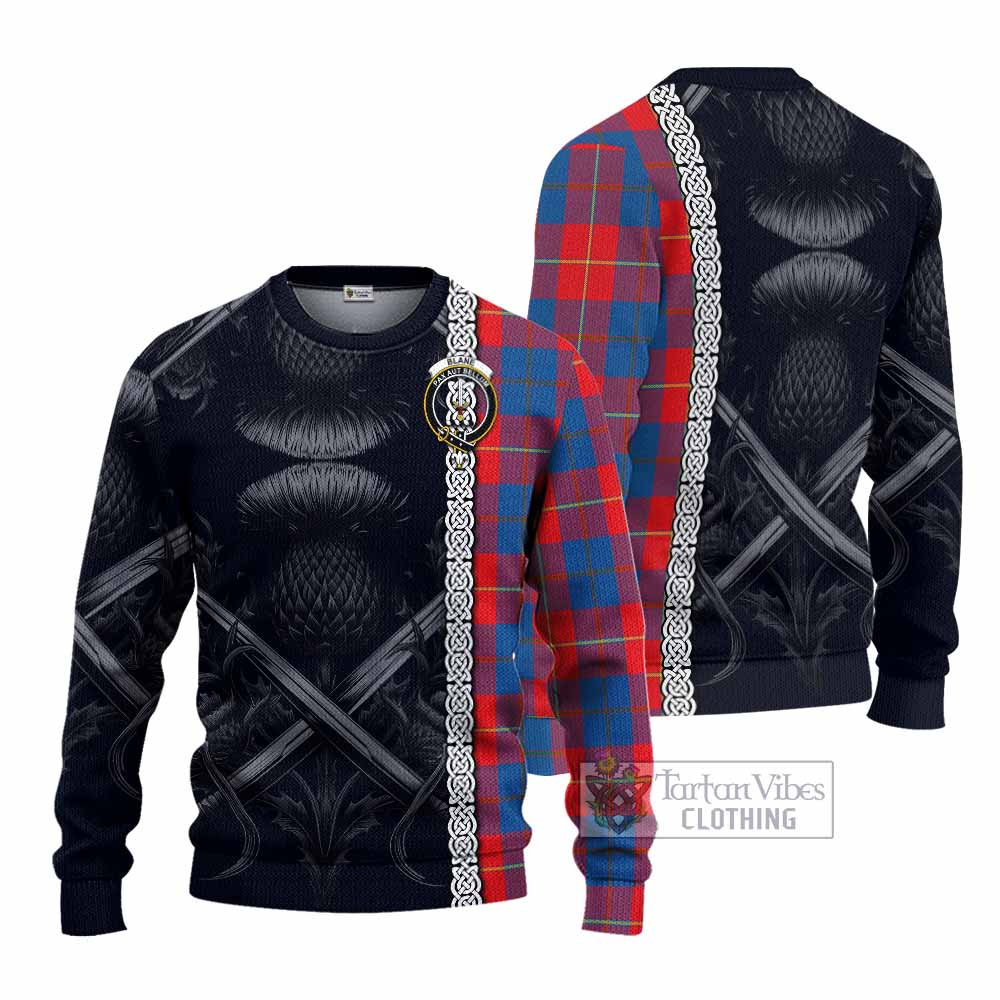 Blane Tartan Knitted Sweater with Family Crest Cross Sword Thistle Celtic Vibes - Tartan Vibes Clothing