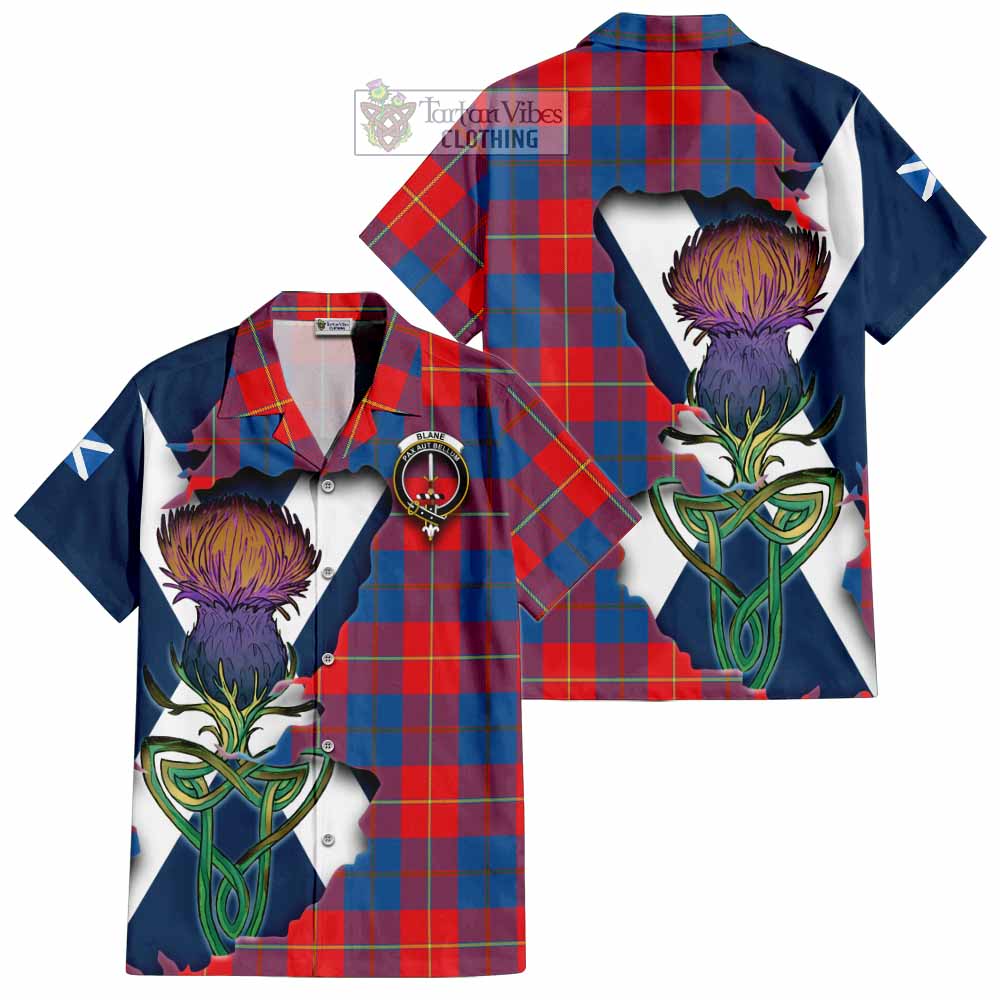 Tartan Vibes Clothing Blane Tartan Family Crest Short Sleeve Button Shirt Scottish Thistle Celtic Inspired