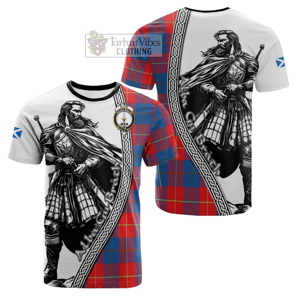 Blane Tartan Clan Crest Cotton T-shirt with Highlander Warrior Celtic Style - Tartan Vibes Clothing