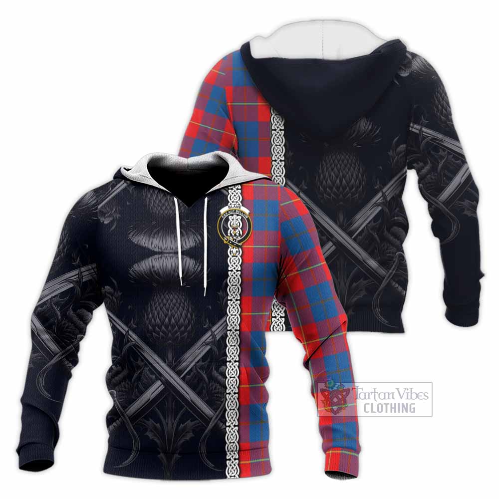 Blane Tartan Knitted Hoodie with Family Crest Cross Sword Thistle Celtic Vibes - Tartan Vibes Clothing