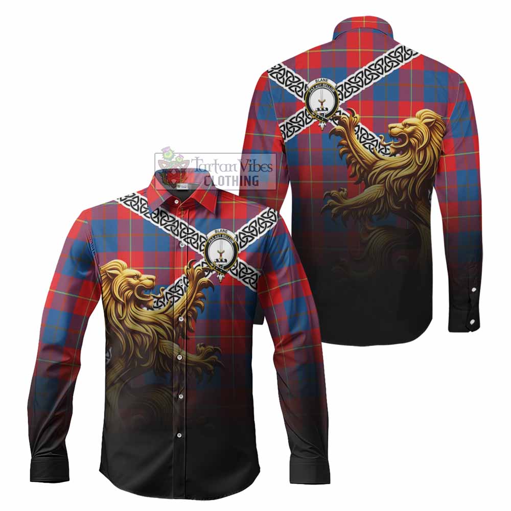 Blane Crest Tartan Long Sleeve Button Shirt with Golden Lion Emblem Celtic Style - Tartan Vibes Clothing
